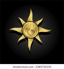 Gold sun luxury logo icon. Abstract golden sunlight isolated on black background. Graphic logo, tarot cards, astrological symbols. Divine, esoteric, sacred, spiritual heavenly sign