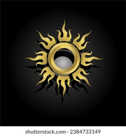 Gold sun luxury logo icon. Abstract golden sunlight isolated on black background. Graphic logo, tarot cards, astrological symbols. Divine, esoteric, sacred, spiritual heavenly sign