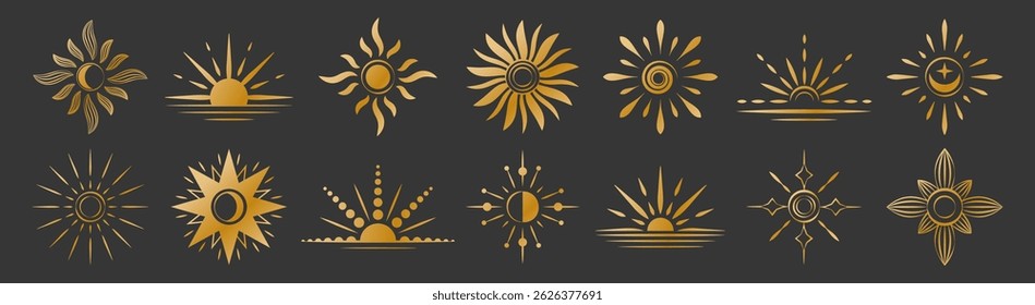 Gold sun. Moon background line. Radial magic, half star logo, shine icon. Abstract minimalist design, golden element. Linear sunburst. Sunny weather decorative signs. Vector garish symbol isolated set