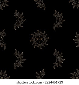 Gold sun and moon with face on black background. Vector seamless pattern in vintage style. Can be used for fabric design, paper design, background. Vector Isolated.