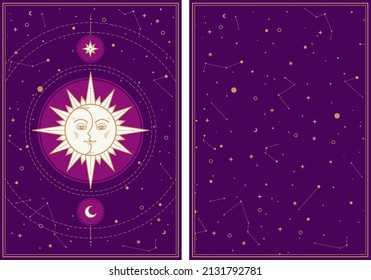 Gold Sun moon Stars in dark galaxy sky. Background and design element for banner, tarot card, illustration, Pattern