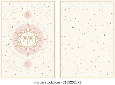 Gold Sun moon Stars in light galaxy sky. Background and design element for banner, tarot card, illustration, Pattern