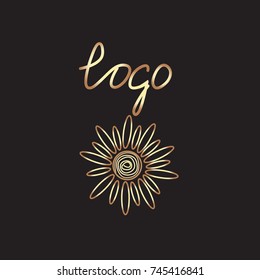 Gold sun on black background. Gold inscription 'Logo' vector illustration.