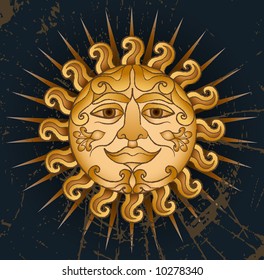 Gold sun with a smiling face on a dark background