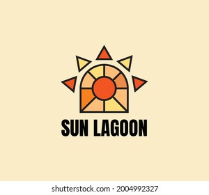 Gold sun stroked sunset logo icon vector in trendy line linear, outline logo vector for hotel, travel, leisure, lagoon, media, television identity