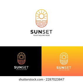 Gold sun sunset sunrise with beach ocean sea water logo.