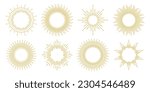 Gold sunburst frames set. Retro sun light rays element collection. Vintage golden radial rays, sunbeams, firework or explosion for emblem, logo, tag, stamp, banner, sticker. Vector design elements 