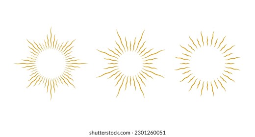 Gold sunburst frames set. Retro sun light rays element collection. Vintage golden radial rays, sunbeams, firework or explosion for emblem, logo, tag, stamp, banner, sticker. Vector design elements 