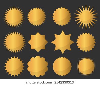 Oro sunburst sobre fondo negro. etiquetas de la compra colección. Etiqueta de Precio de oferta especial. Insignia promocional del supermercado. Ilustración vectorial