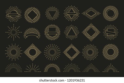 Gold sunburst. Retro burst radial emblem. sunrise sparkle shapes. Sunshine, shine rays fireworks or starburst explosion spark light. Sun burst vintage vector isolated labels set