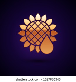 Gold Sunflower icon isolated on dark blue background.  Vector Illustration