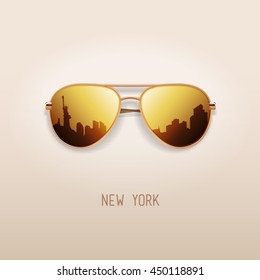 Gold Sunglasses with New York City reflection vector illustration