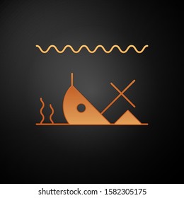 Gold Sunken ship at the bottom of the sea icon isolated on black background.  Vector Illustration
