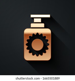 Gold Sunscreen spray bottle icon isolated on black background. Protection for the skin from solar ultraviolet light. Long shadow style. Vector Illustration