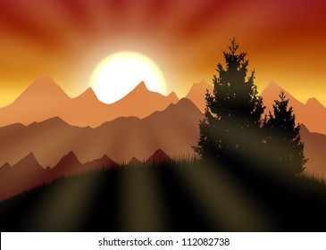 Gold sunset above mountains