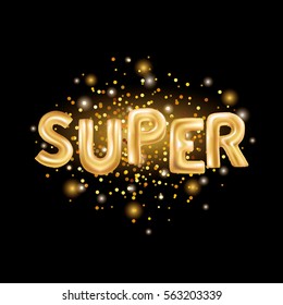 Gold super balloons background on black banners, header, shopping. Logo, logotype, sign, symbol. Super text balloons, selling, web banner header. Abstract golden balloon for text, type character