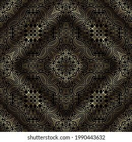 Gold surface 3d lines seamless pattern. Vector ornamental lacy background. Repeat ornate drapery backdrop. Beautiful line art floral golden ornament with lace flowers, leaves, lines, geometric shapes.
