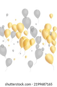 Gold Surprise Background White Vector. Confetti Falling Frame. Gray Present Balloon. Ballon Anniversary Design.