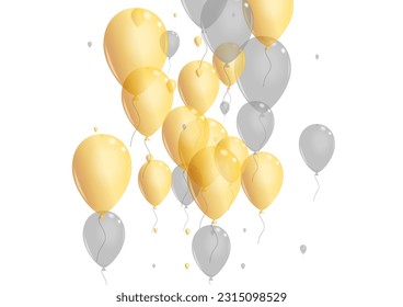 Vector blanco de fondo de sorpresa dorada. Ilustración brillante de Baloon. Aire de goma dorado. Marco de etiqueta de helio.