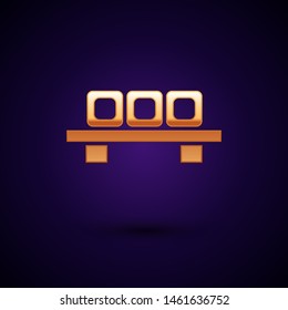 Gold Sushi on cutting board icon isolated on dark blue background. Asian food sushi on wooden board.  Vector Illustration