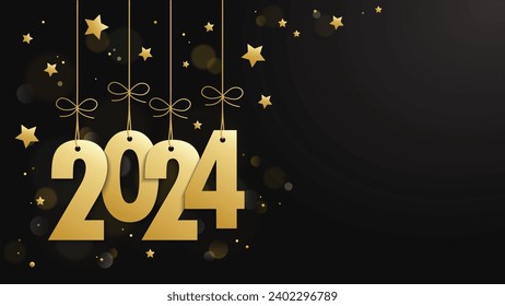 Gold suspended 2024 with stars and bokeh on black background