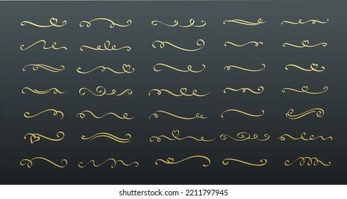 Gold swashes and swirls set vector illustration. Golden vintage design elements, vip calligraphic elegant line divider with vignette, isolated filigree swirl ornaments for invitation card decoration