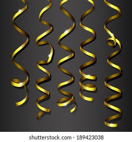 Gold swirl confetti serpentine ribbon set with shadows, isolated