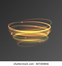 Gold swirl. Realistic fire light circle trail of sparkling gold glitter isolated on transparent. Glowing magic flash sparkle swirl ring trace, funnel or round wave vector illustration
