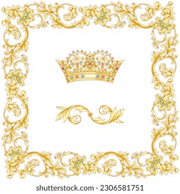 Gold swirl set of vintage patterns, cliparts, frames