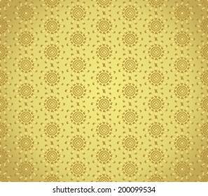 Gold swirl or spiral and circle pattern on pastel background. Vintage and sweet seamless pattern for retro or classic design