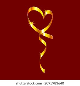 Gold swirling vertical ribbon in the shape of a heart with shining stars. Design element for greeting cards for Valentines Day. For the design of banners, cards and sites, for frames. Vector.