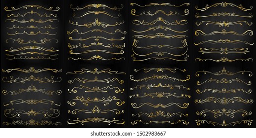 Gold Swirls Hand Drawn Vector Gold Ornate Swirling Draw Antique Manuscript Flourish Design Component Edge Border Dividers Series For Ceremonial Reception And Invitation Card Gold Swirls Line Classical