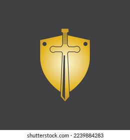 Gold Sword War Defend Logo Vector Illustration With black Background