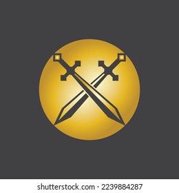 Gold Sword War Defend Logo Vector Illustration With black Background