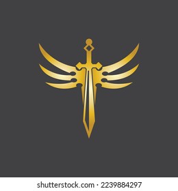 Gold Sword War Defend Logo Vector Illustration With black Background