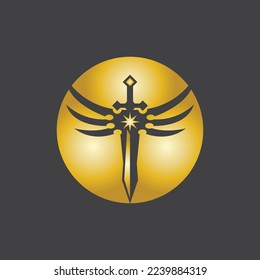 Gold Sword War Defend Logo Vector Illustration With black Background