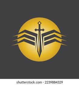 Gold Sword War Defend Logo Vector Illustration With black Background
