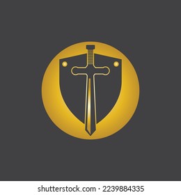 Gold Sword War Defend Logo Vector Illustration With black Background