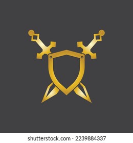 Gold Sword War Defend Logo Vector Illustration With black Background