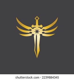 Gold Sword War Defend Logo Vector Illustration With black Background