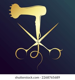 Gold symbol for hair stylist and beauty salon. Stylist scissors and electric hair dryer silhouette