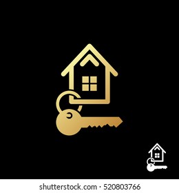 Gold symbol of the house of thick rounded lines with key, logo template. Golden sticker on a black background. Creative and modern symbol for real estate agencies and construction company.