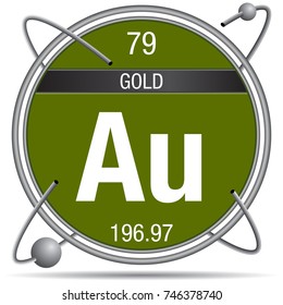 Gold symbol  inside a metal ring with colored background and spheres orbiting around. Element number 79 of the Periodic Table of the Elements - Chemistry 