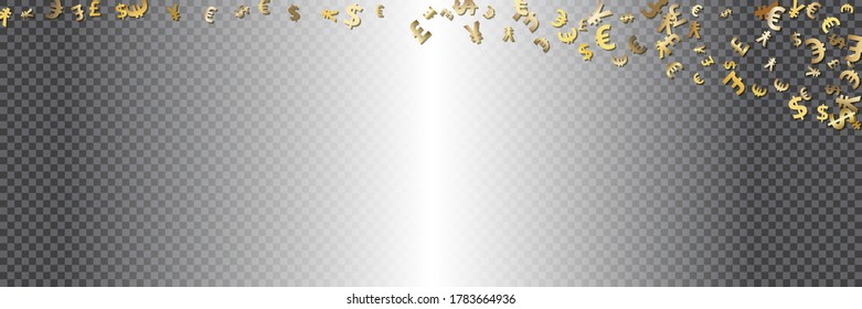 Gold symbols euro, dollar, pound, yen flying currency with shadow. Trendy investment pattern. Can be used for ad, poster, banner of british, japanese, european, american money exchange. Vector