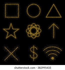 Gold symbols on black background: circle, square, triangle, cross, dollar, web, ellipse, arrow. Icons are made in the style of golden stipple.