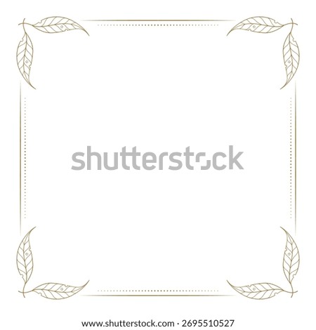 Gold symmetrical square frame with delicate leaves. Elegant botanical line border for classic design and invitations
