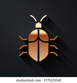 Gold System bug concept icon isolated on black background. Code bug concept. Bug in the system. Bug searching. Long shadow style. Vector Illustration