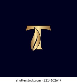 gold T leaf letter logo design