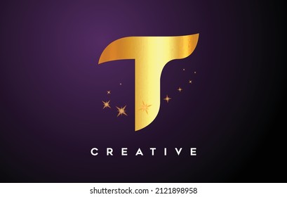 Gold T Letter Logo with Golden Glitter Stars and Gold Foil Texture Icon. Letter T with Golden stars and magical look Vector Illustration.