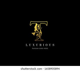 Gold T letter luxury beauty flourishes ornament monogram logo perfect for boutique, wedding invitation, restaurant,hotel.